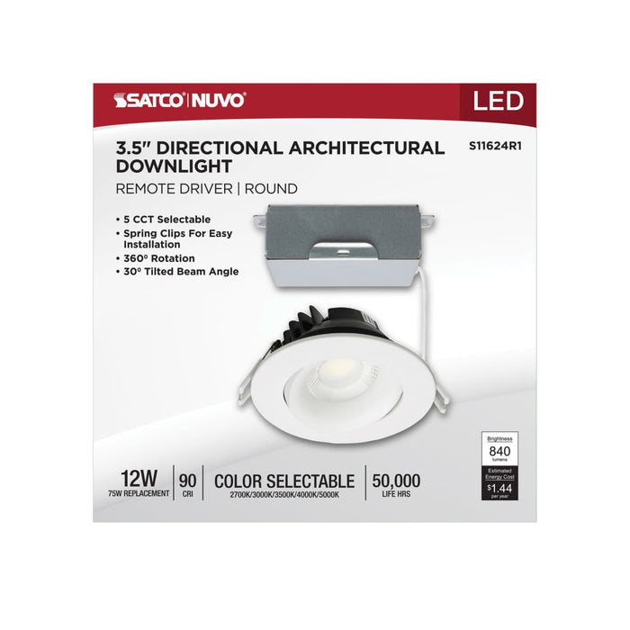 Remote Driver LED Downlight Satco S11624R1 12 Watt LED Direct Wire Downlight - Gimbaled - 3.5 Inch - CCT Selectable - Round - Remote Driver - White Finish - 840 Lumens - 120 Volt Satco