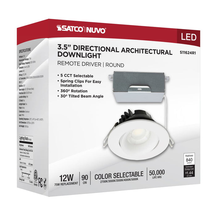 Remote Driver LED Downlight Satco S11624R1 12 Watt LED Direct Wire Downlight - Gimbaled - 3.5 Inch - CCT Selectable - Round - Remote Driver - White Finish - 840 Lumens - 120 Volt Satco
