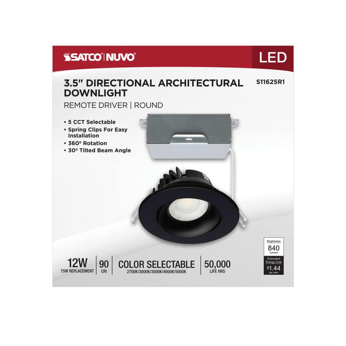 Remote Driver LED Downlight Satco S11625R1 12 Watt LED Direct Wire Downlight - Gimbaled - 3.5 Inch - CCT Selectable - Round - Remote Driver - Black Finish - 840 Lumens - 120 Volt Satco