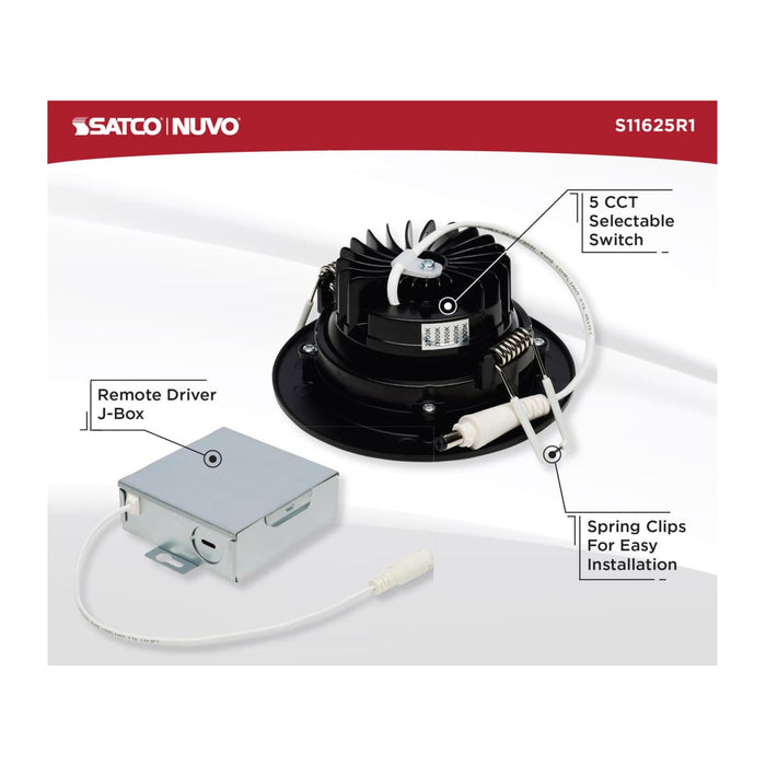 Remote Driver LED Downlight Satco S11625R1 12 Watt LED Direct Wire Downlight - Gimbaled - 3.5 Inch - CCT Selectable - Round - Remote Driver - Black Finish - 840 Lumens - 120 Volt Satco