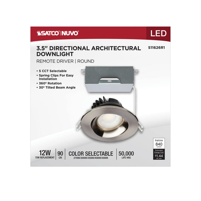Remote Driver LED Downlight Satco S11626R1 12 Watt LED Direct Wire Downlight - Gimbaled - 3.5 Inch - CCT Selectable - Round - Remote Driver - Brushed Nickel Finish - 840 Lumens - 120 Volt Satco