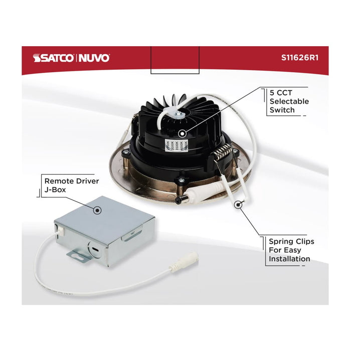 Remote Driver LED Downlight Satco S11626R1 12 Watt LED Direct Wire Downlight - Gimbaled - 3.5 Inch - CCT Selectable - Round - Remote Driver - Brushed Nickel Finish - 840 Lumens - 120 Volt Satco