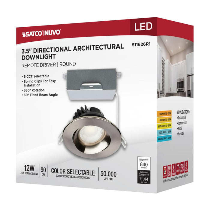 Remote Driver LED Downlight Satco S11626R1 12 Watt LED Direct Wire Downlight - Gimbaled - 3.5 Inch - CCT Selectable - Round - Remote Driver - Brushed Nickel Finish - 840 Lumens - 120 Volt Satco
