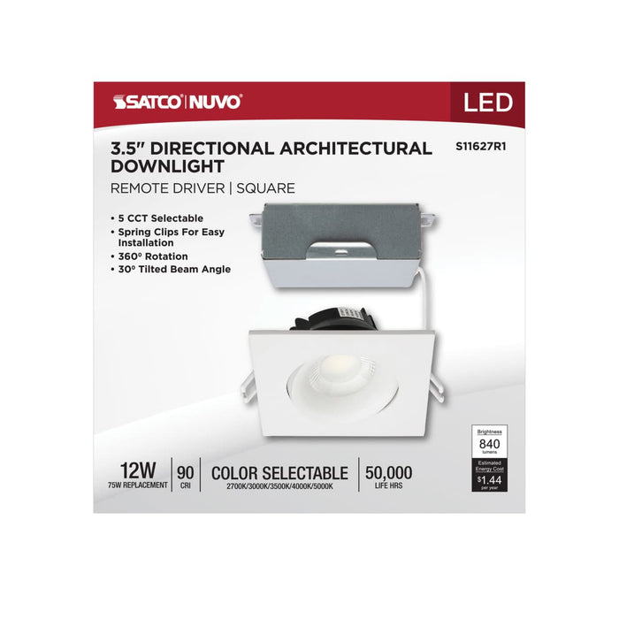 Remote Driver LED Downlight Satco S11627R1 12 Watt LED Direct Wire Downlight - Gimbaled - 3.5 Inch - CCT Selectable - Square - Remote Driver - White Finish - 840 Lumens - 120 Volt Satco