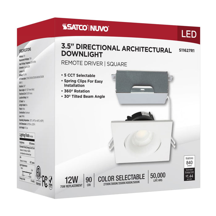 Remote Driver LED Downlight Satco S11627R1 12 Watt LED Direct Wire Downlight - Gimbaled - 3.5 Inch - CCT Selectable - Square - Remote Driver - White Finish - 840 Lumens - 120 Volt Satco