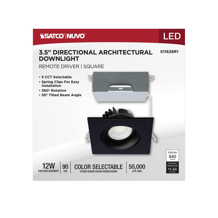 Remote Driver LED Downlight Satco S11628R1 12 Watt LED Direct Wire Downlight - Gimbaled - 3.5 Inch - CCT Selectable - Square - Remote Driver - Black Finish - 840 Lumens - 120 Volt Satco