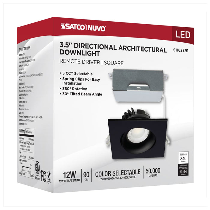 Remote Driver LED Downlight Satco S11628R1 12 Watt LED Direct Wire Downlight - Gimbaled - 3.5 Inch - CCT Selectable - Square - Remote Driver - Black Finish - 840 Lumens - 120 Volt Satco