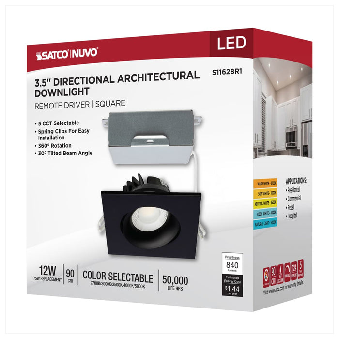 Remote Driver LED Downlight Satco S11628R1 12 Watt LED Direct Wire Downlight - Gimbaled - 3.5 Inch - CCT Selectable - Square - Remote Driver - Black Finish - 840 Lumens - 120 Volt Satco