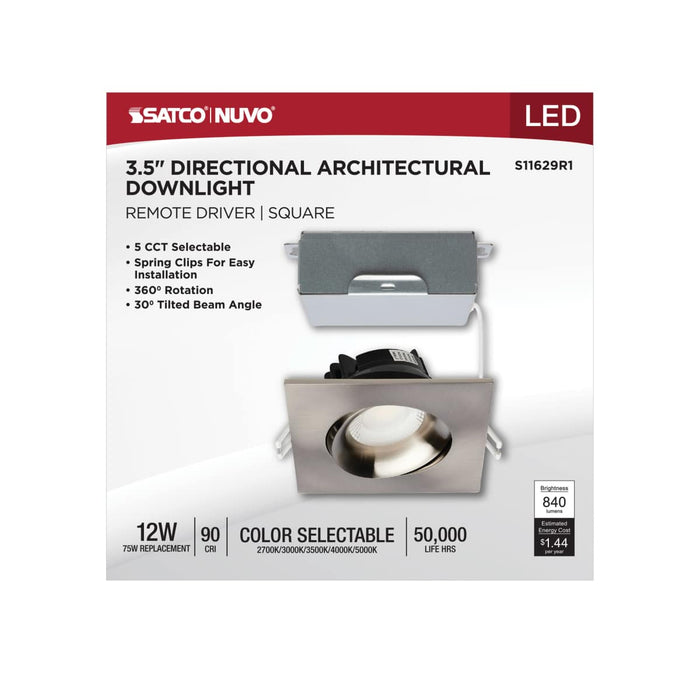 Remote Driver LED Downlight Satco S11629R1 12 Watt LED Direct Wire Downlight - Gimbaled - 3.5 Inch - CCT Selectable - Square - Remote Driver - Brushed Nickel Finish - 840 Lumens - 120 Volt Satco