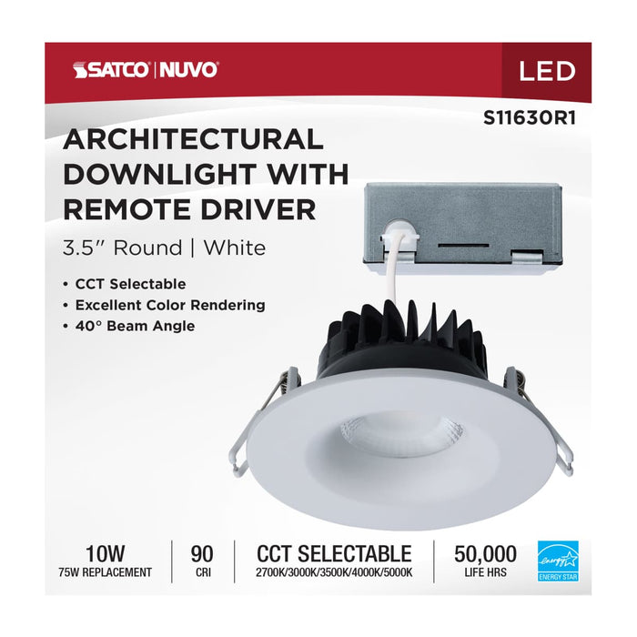 Remote Driver LED Downlight Satco S11630R1 10 Watt LED Direct Wire Downlight - Remote Driver - CCT Selectable - Dimmable - Round - White Finish Satco