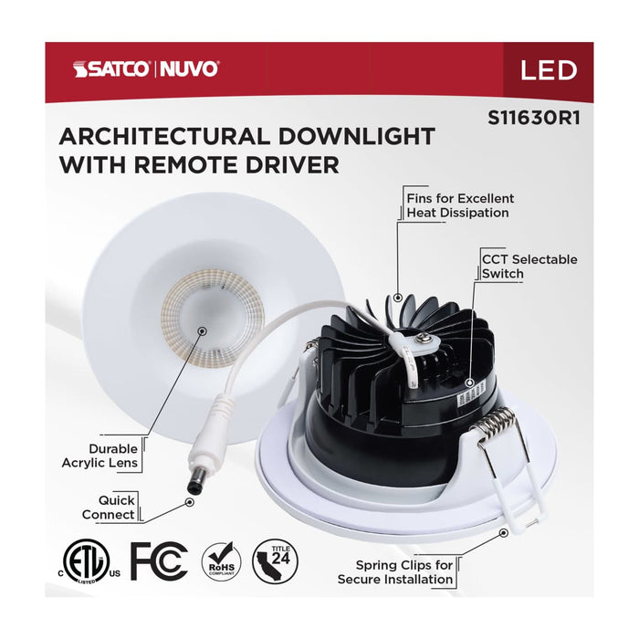 Remote Driver LED Downlight Satco S11630R1 10 Watt LED Direct Wire Downlight - Remote Driver - CCT Selectable - Dimmable - Round - White Finish Satco