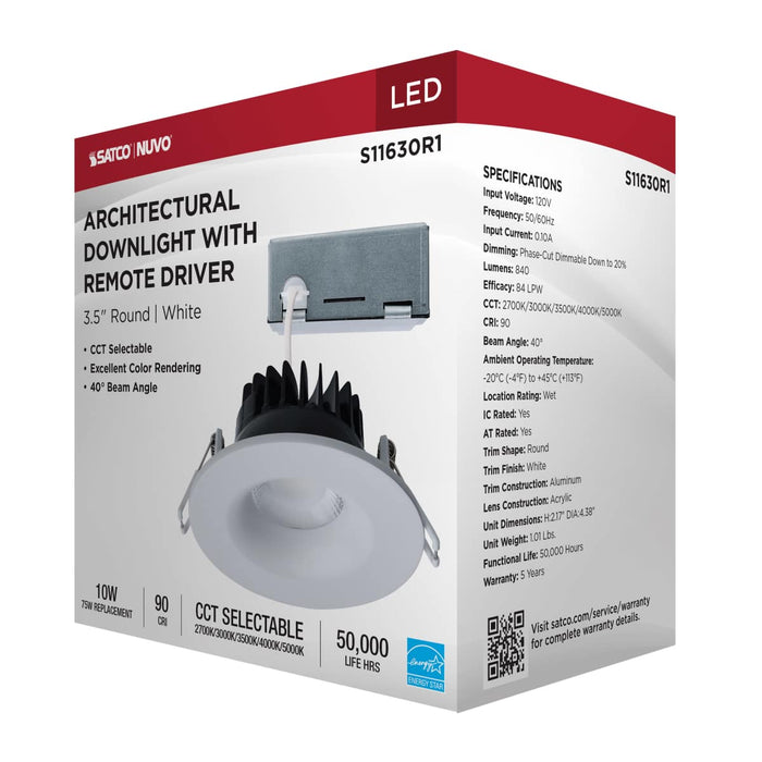 Remote Driver LED Downlight Satco S11630R1 10 Watt LED Direct Wire Downlight - Remote Driver - CCT Selectable - Dimmable - Round - White Finish Satco