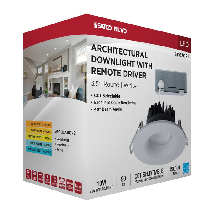 Remote Driver LED Downlight Satco S11630R1 10 Watt LED Direct Wire Downlight - Remote Driver - CCT Selectable - Dimmable - Round - White Finish Satco