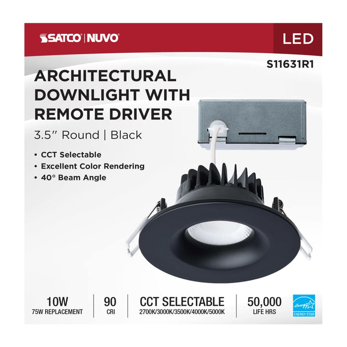 Remote Driver LED Downlight Satco S11631R1 10 Watt LED Direct Wire Downlight - Remote Driver - CCT Selectable - Dimmable - Round - Black Finish Satco