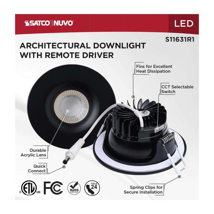 Remote Driver LED Downlight Satco S11631R1 10 Watt LED Direct Wire Downlight - Remote Driver - CCT Selectable - Dimmable - Round - Black Finish Satco