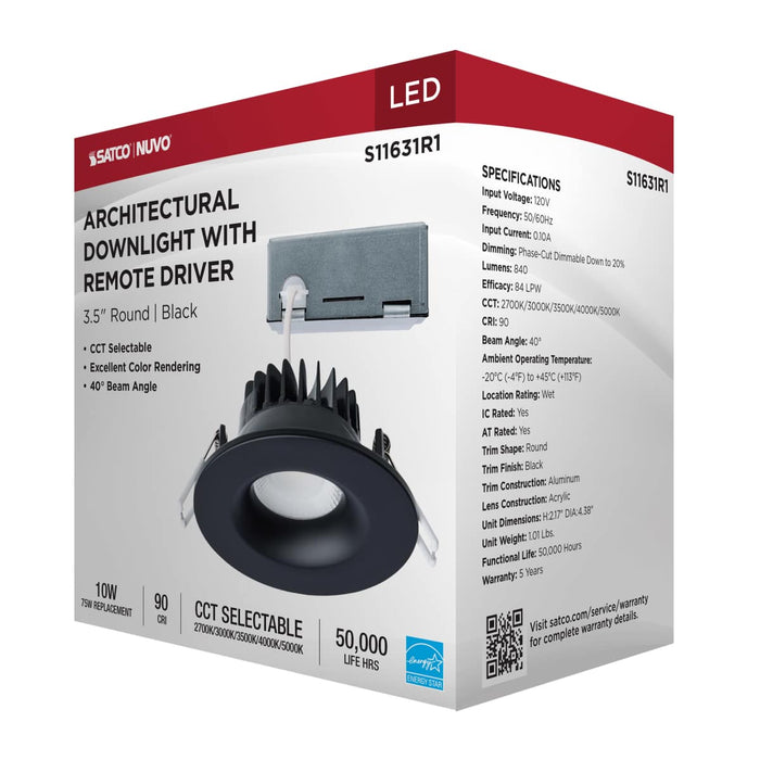 Remote Driver LED Downlight Satco S11631R1 10 Watt LED Direct Wire Downlight - Remote Driver - CCT Selectable - Dimmable - Round - Black Finish Satco