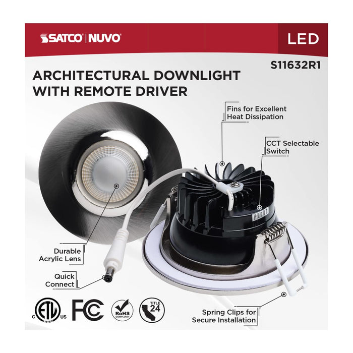 Remote Driver LED Downlight Satco S11632R1 10 Watt LED Direct Wire Downlight - Remote Driver - CCT Selectable - Dimmable - Round - Brushed Nickel Finish Satco