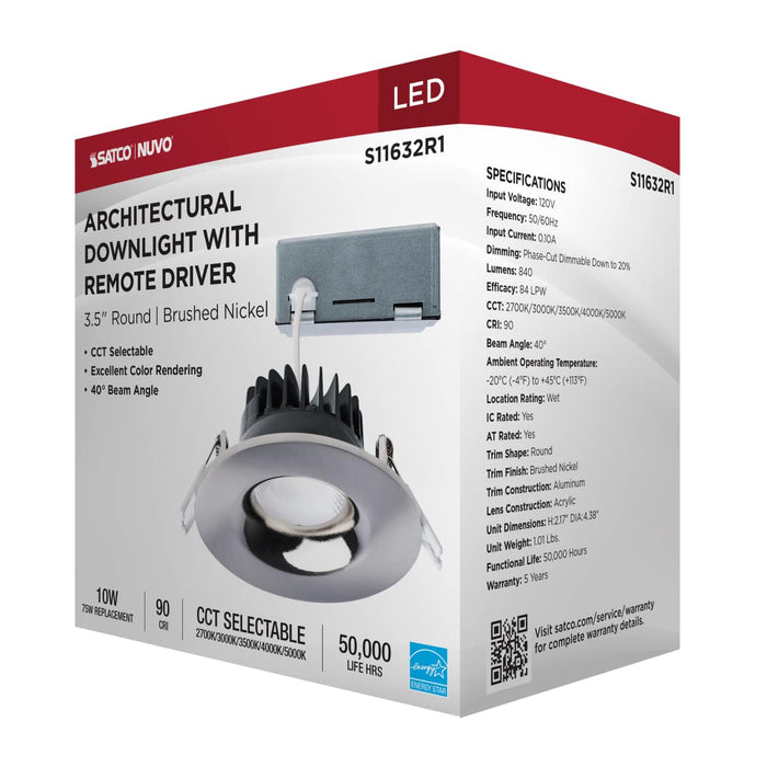Remote Driver LED Downlight Satco S11632R1 10 Watt LED Direct Wire Downlight - Remote Driver - CCT Selectable - Dimmable - Round - Brushed Nickel Finish Satco