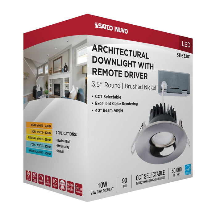Remote Driver LED Downlight Satco S11632R1 10 Watt LED Direct Wire Downlight - Remote Driver - CCT Selectable - Dimmable - Round - Brushed Nickel Finish Satco