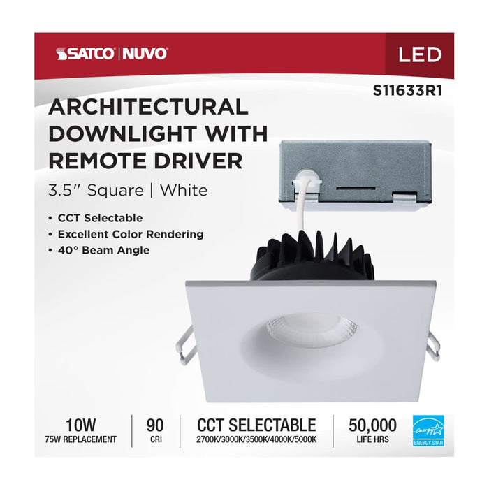 Remote Driver LED Downlight Satco S11633R1 10 Watt LED Direct Wire Downlight - Remote Driver - CCT Selectable - Dimmable - Square - White Finish Satco