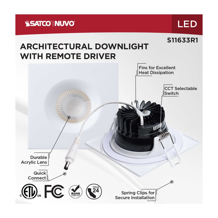 Remote Driver LED Downlight Satco S11633R1 10 Watt LED Direct Wire Downlight - Remote Driver - CCT Selectable - Dimmable - Square - White Finish Satco