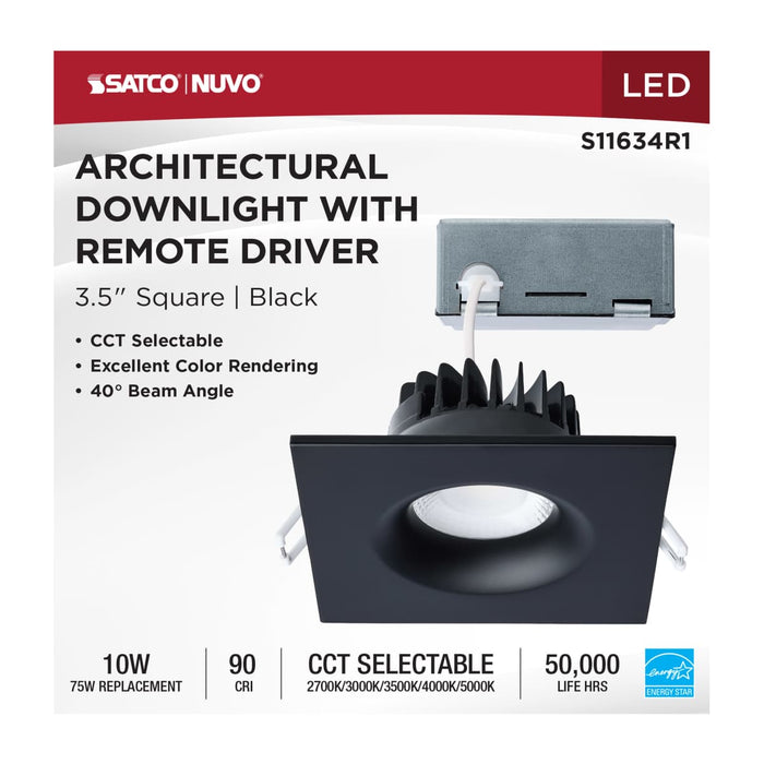 Remote Driver LED Downlight Satco S11634R1 10 Watt LED Direct Wire Downlight - Remote Driver - CCT Selectable - Dimmable - Square - Black Finish Satco