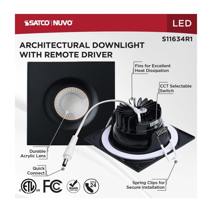 Remote Driver LED Downlight Satco S11634R1 10 Watt LED Direct Wire Downlight - Remote Driver - CCT Selectable - Dimmable - Square - Black Finish Satco