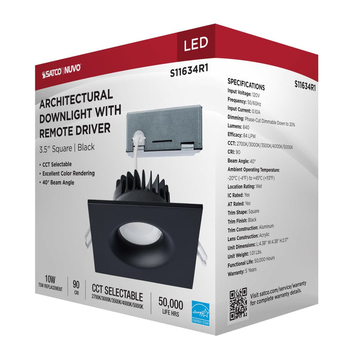 Remote Driver LED Downlight Satco S11634R1 10 Watt LED Direct Wire Downlight - Remote Driver - CCT Selectable - Dimmable - Square - Black Finish Satco