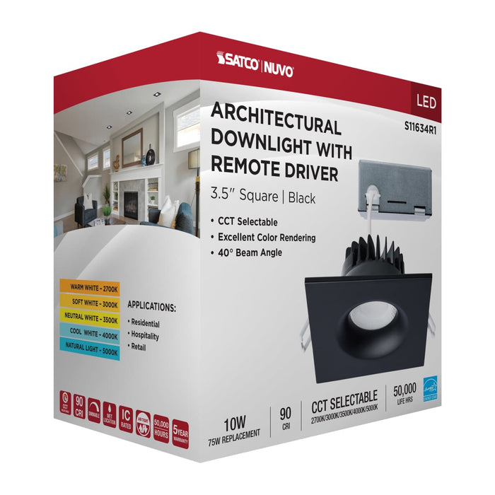 Remote Driver LED Downlight Satco S11634R1 10 Watt LED Direct Wire Downlight - Remote Driver - CCT Selectable - Dimmable - Square - Black Finish Satco