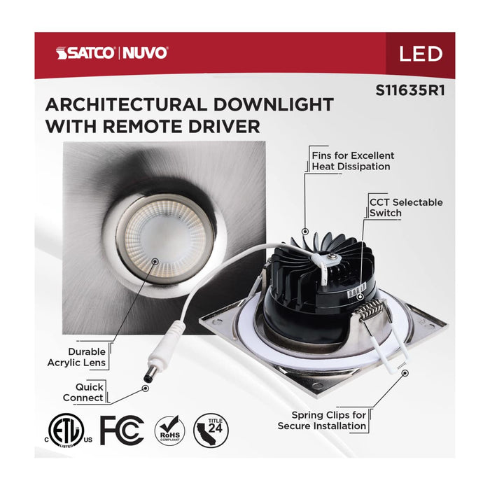Remote Driver LED Downlight Satco S11635R1 10 Watt LED Direct Wire Downlight - Remote Driver - CCT Selectable - Dimmable - Square - Brushed Nickel Finish Satco