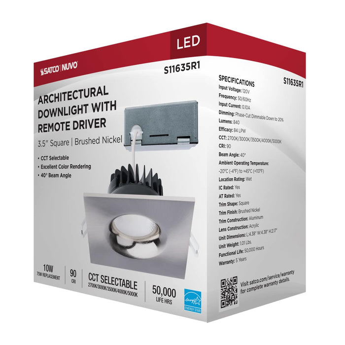 Remote Driver LED Downlight Satco S11635R1 10 Watt LED Direct Wire Downlight - Remote Driver - CCT Selectable - Dimmable - Square - Brushed Nickel Finish Satco