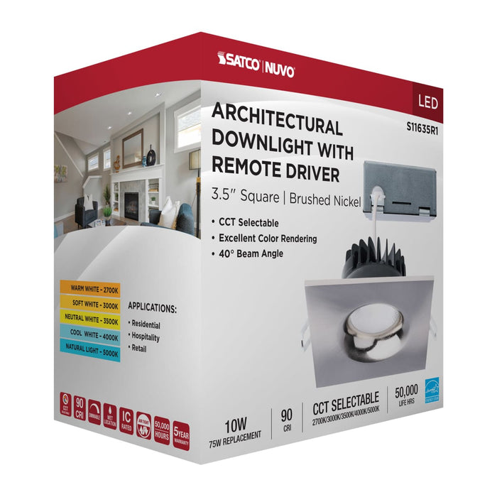 Remote Driver LED Downlight Satco S11635R1 10 Watt LED Direct Wire Downlight - Remote Driver - CCT Selectable - Dimmable - Square - Brushed Nickel Finish Satco