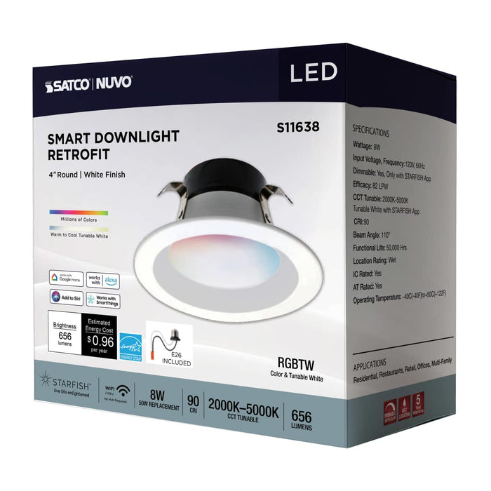 Downlight Satco S11638 Starfish - 8 Watt LED Retrofit Downlight - 4 Inch - RGBTW - Round - White Finish Satco