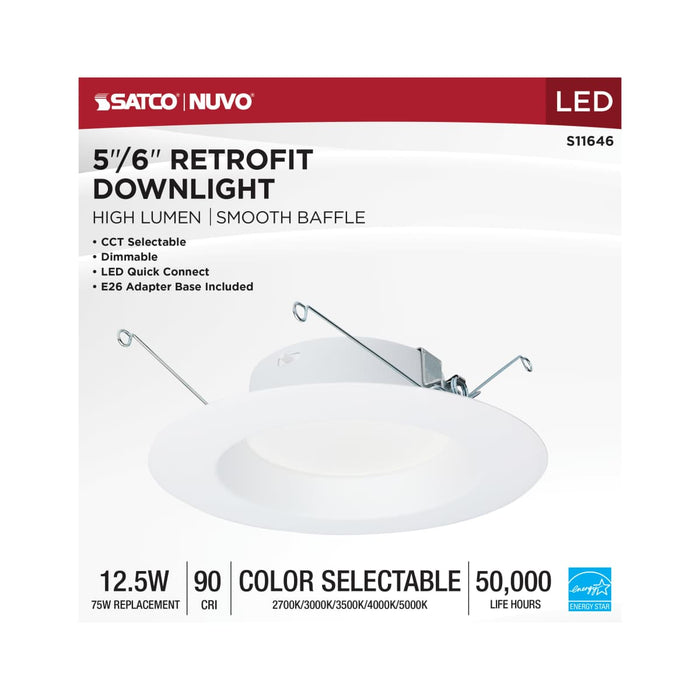 Downlight Retrofit Satco S11646 12.5 Watt LED High Lumen Downlight Retrofit - 5-6 Inch - 27K/30K/35K/40K/50K CCT Selectable - 120 Volts - Dimmable - White Finish Satco