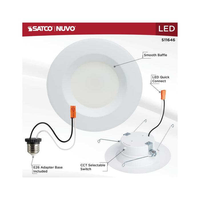 Downlight Retrofit Satco S11646 12.5 Watt LED High Lumen Downlight Retrofit - 5-6 Inch - 27K/30K/35K/40K/50K CCT Selectable - 120 Volts - Dimmable - White Finish Satco