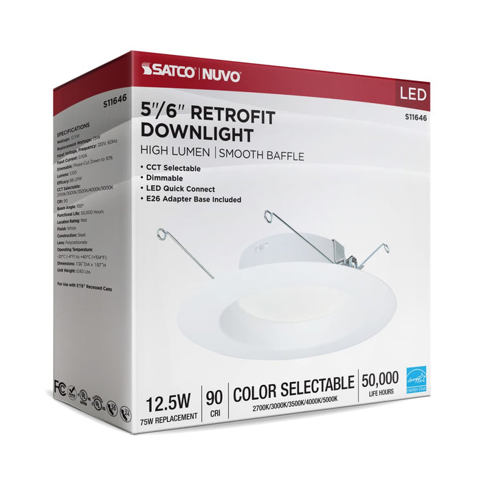 Downlight Retrofit Satco S11646 12.5 Watt LED High Lumen Downlight Retrofit - 5-6 Inch - 27K/30K/35K/40K/50K CCT Selectable - 120 Volts - Dimmable - White Finish Satco