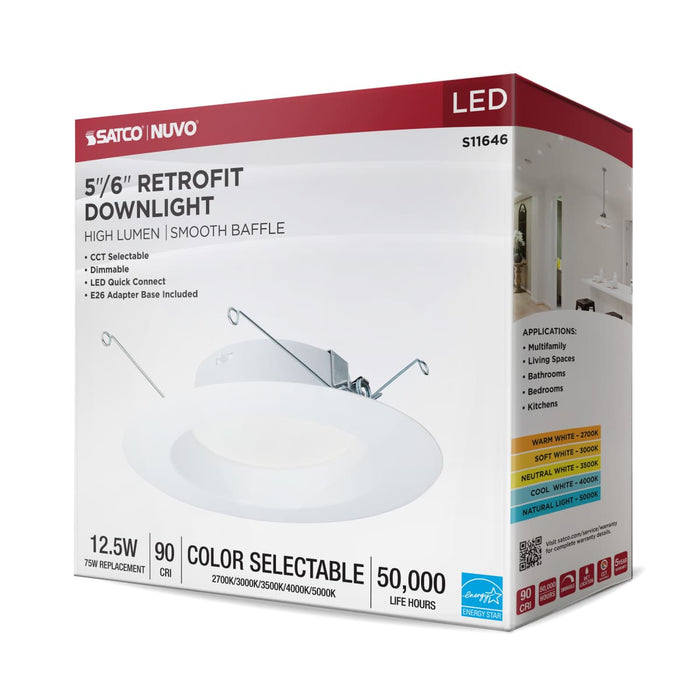 Downlight Retrofit Satco S11646 12.5 Watt LED High Lumen Downlight Retrofit - 5-6 Inch - 27K/30K/35K/40K/50K CCT Selectable - 120 Volts - Dimmable - White Finish Satco