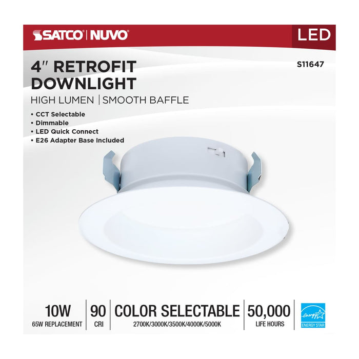Downlight Retrofit Satco S11647 10 Watt LED High Output Downlight Retrofit - 4 Inch - 27K/30K/35K/40K/50K CCT Selectable - Round - White Finish Satco