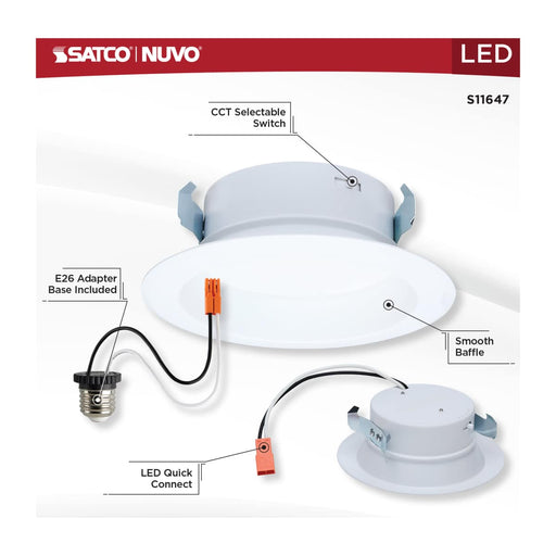Downlight Retrofit Satco S11647 10 Watt LED High Output Downlight Retrofit - 4 Inch - 27K/30K/35K/40K/50K CCT Selectable - Round - White Finish Satco