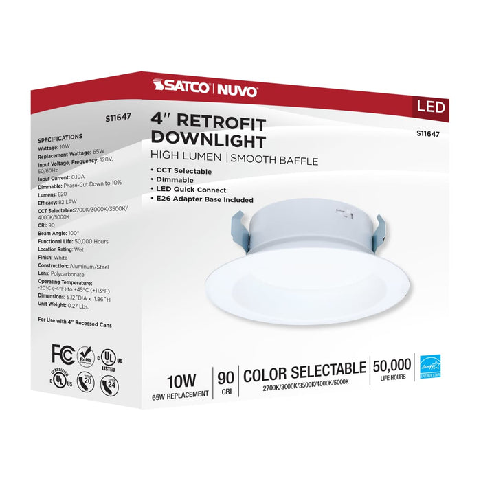 Downlight Retrofit Satco S11647 10 Watt LED High Output Downlight Retrofit - 4 Inch - 27K/30K/35K/40K/50K CCT Selectable - Round - White Finish Satco