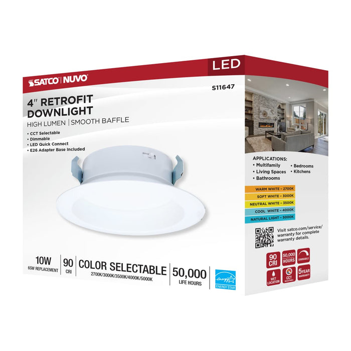 Downlight Retrofit Satco S11647 10 Watt LED High Output Downlight Retrofit - 4 Inch - 27K/30K/35K/40K/50K CCT Selectable - Round - White Finish Satco