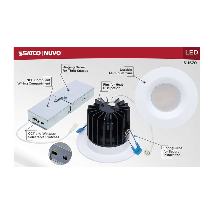 Remote Driver LED Downlight Satco S11670 16/20/24 Watt LED Remote Driver Downlight - 27K/30K/35K/40K/50K CCT - Field Selectable - Round - White Finish - Dual Dimming - 120-277 Volt Satco