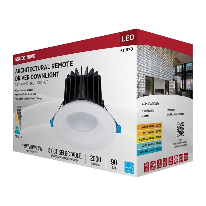 Remote Driver LED Downlight Satco S11670 16/20/24 Watt LED Remote Driver Downlight - 27K/30K/35K/40K/50K CCT - Field Selectable - Round - White Finish - Dual Dimming - 120-277 Volt Satco
