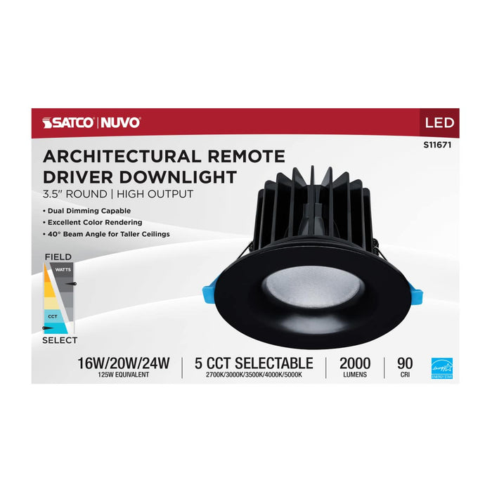 Remote Driver LED Downlight Satco S11671 16/20/24 Watt LED Remote Driver Downlight - 27K/30K/35K/40K/50K CCT - Field Selectable - Round - Black Finish - Dual Dimming - 120-277 Volt Satco