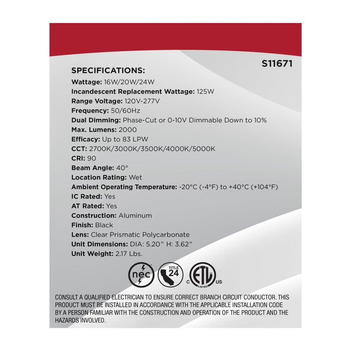 Remote Driver LED Downlight Satco S11671 16/20/24 Watt LED Remote Driver Downlight - 27K/30K/35K/40K/50K CCT - Field Selectable - Round - Black Finish - Dual Dimming - 120-277 Volt Satco