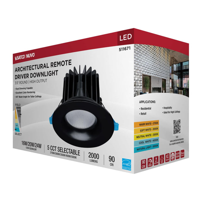 Remote Driver LED Downlight Satco S11671 16/20/24 Watt LED Remote Driver Downlight - 27K/30K/35K/40K/50K CCT - Field Selectable - Round - Black Finish - Dual Dimming - 120-277 Volt Satco