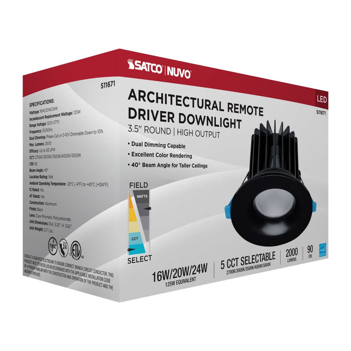 Remote Driver LED Downlight Satco S11671 16/20/24 Watt LED Remote Driver Downlight - 27K/30K/35K/40K/50K CCT - Field Selectable - Round - Black Finish - Dual Dimming - 120-277 Volt Satco