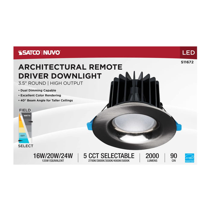 Remote Driver LED Downlight Satco S11672 16/20/24 Watt LED Remote Driver Downlight - 27K/30K/35K/40K/50K CCT - Field Selectable - Round - Brushed Nickel Finish - Dual Dimming - 120-277 Volt Satco