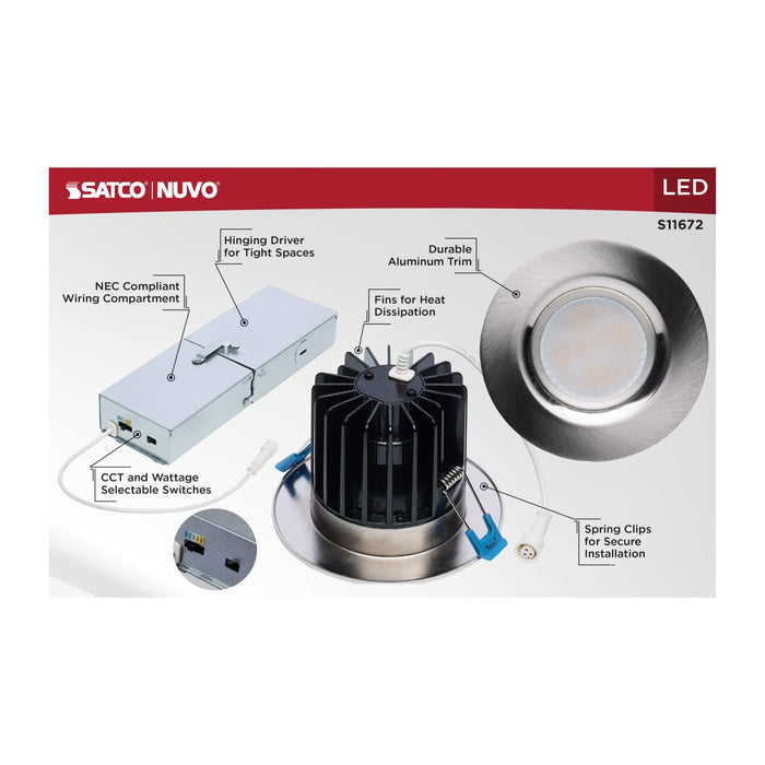 Remote Driver LED Downlight Satco S11672 16/20/24 Watt LED Remote Driver Downlight - 27K/30K/35K/40K/50K CCT - Field Selectable - Round - Brushed Nickel Finish - Dual Dimming - 120-277 Volt Satco