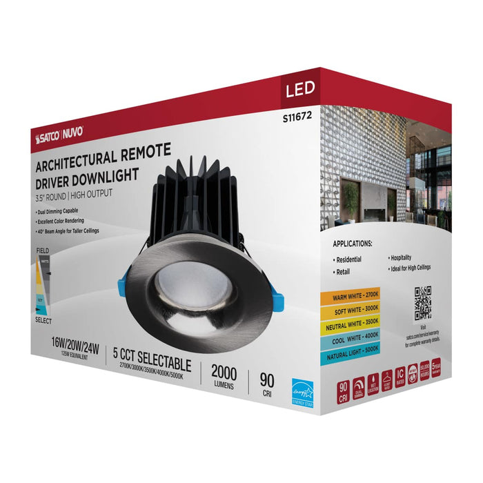 Remote Driver LED Downlight Satco S11672 16/20/24 Watt LED Remote Driver Downlight - 27K/30K/35K/40K/50K CCT - Field Selectable - Round - Brushed Nickel Finish - Dual Dimming - 120-277 Volt Satco